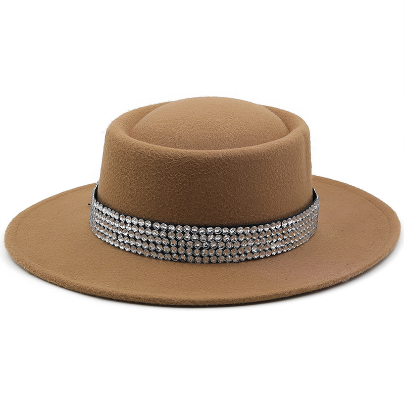 Fashion Women's Hat Woolen Big Brim Hat Solid Color Rhinestone Flat-brimmed Top Hat display picture 3