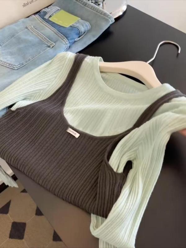 薄荷生巧~韩系风撞色假两件针织衫女秋季2025新款设计感别致上衣|undefined
