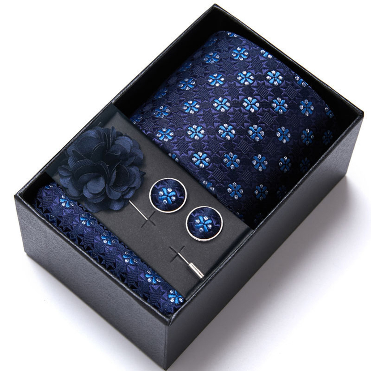 男性の新しい青いストライプのプリントネクタイのスカーフのカフスの胸の花のギフトボックスの包装の贈り物の佳品は祝日に適します。