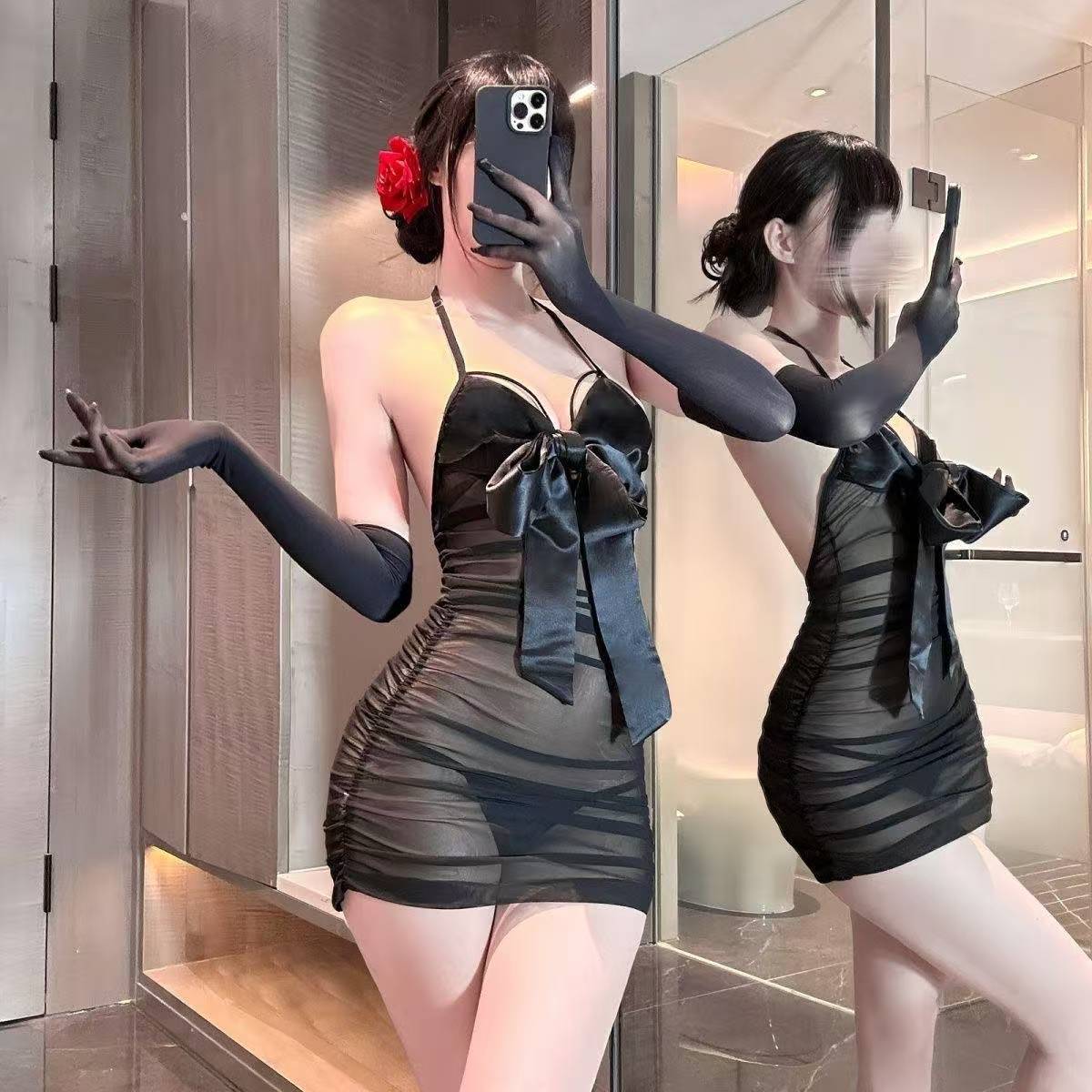 가슴이 노출된 나비넥타이 플리츠 시스루 잠옷, 시스루 유혹, 탈착 불가 섹시 속옷, 여성용 섹시 순수한 욕망 메이드 잠옷
