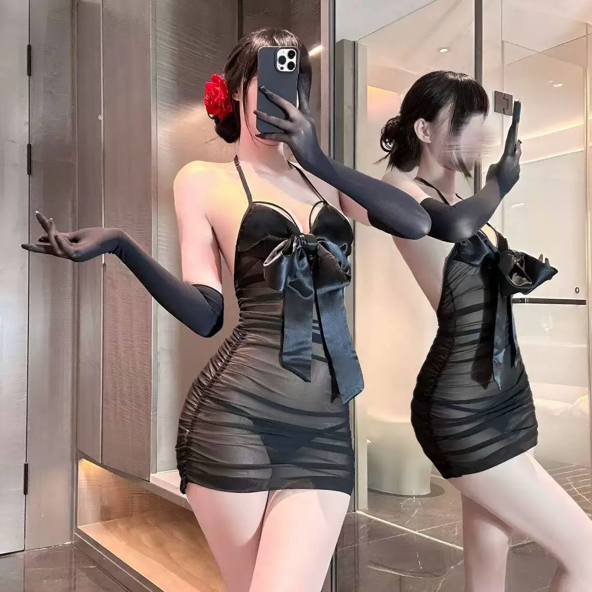 Плиссированная прозрачная ночная рубашка с бантом, открытая грудь, прозрачное искушение, сексуальное нижнее белье не нужно снимать, сексуальная пижама горничной Pure Desire для женщин