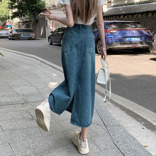Slimming High-Waisted Blue Denim Skirt with Back Slit A-Line Retro Dress for Short Women, Showing Height, New Women's Fashion