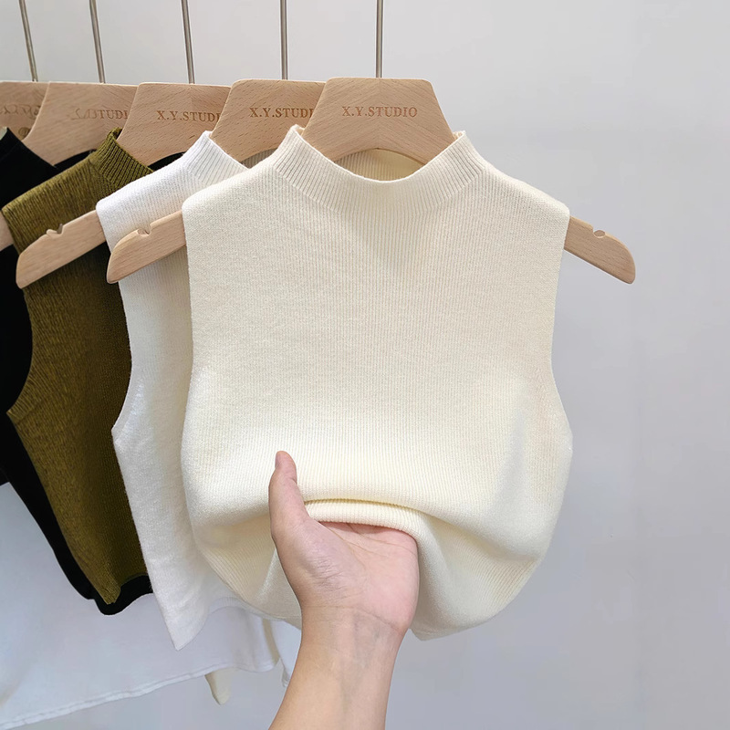 Spring and Summer Inner Knitted Sweater Base Shirt Women's Half-turtleneck Camisole Mid-collar Early Autumn Outer Wear Sleeveless Top