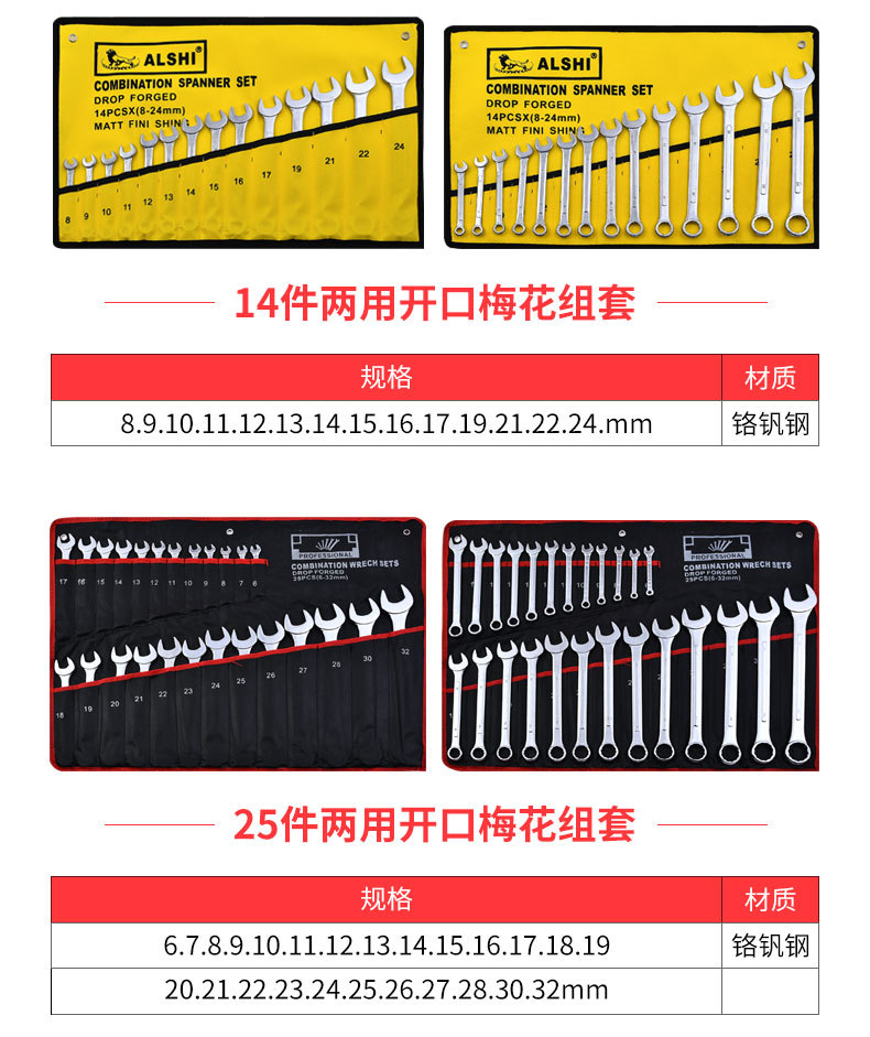 厂家直销两用扳手全套凸筋镜面哑光开口梅花扳手汽修五金工具套装详情31