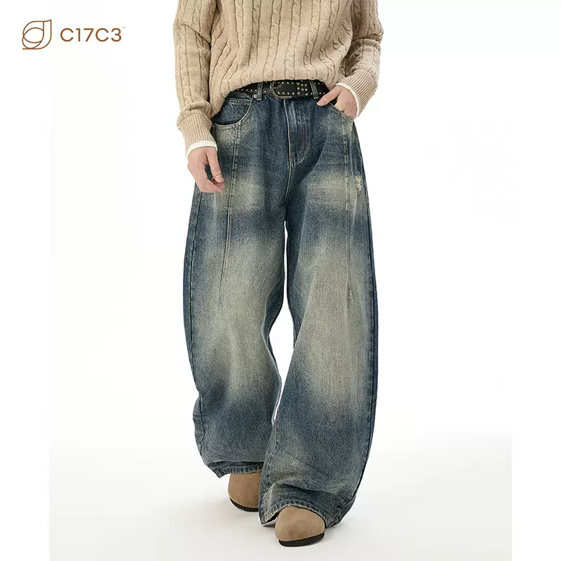 中性风 JTW高街怀旧蓝美式宽松水洗拖地牛仔长裤弯刀四季休闲裤子