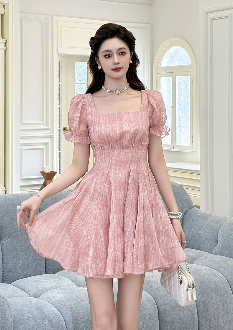 Váy chữ A tay phồng phong cách Pháp thắt eo mùa hè — hồng chi tiết 7