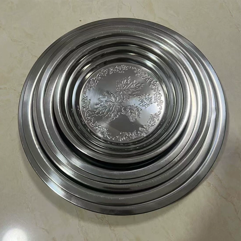 Большая круглая тарелка из нержавеющей стали с тиснением, дюймовая тарелка, поднос для фруктов, тарелка для овощей, коммерческая обеденная тарелка, бытовая старомодная тарелка, оптовая продажа