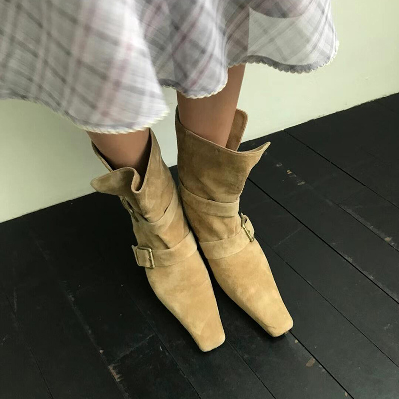 牛皮版靴子女新款复古方头绒面短靴女粗跟宽筒靴可折翻棕色西部靴|undefined