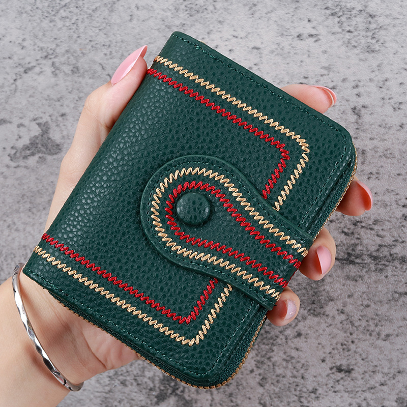 New K-Culture Style Women's Short Zipper Clasp Wallet with Lychee Pattern Embroidery Solid Color Zero Wallet ID Card Holder