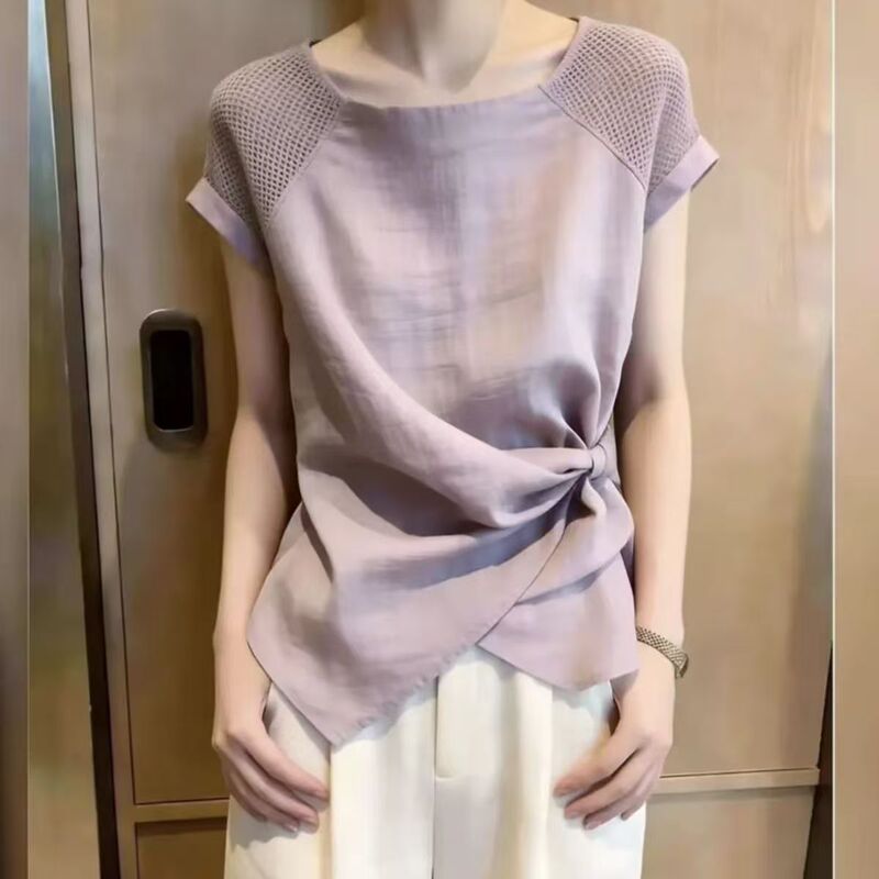 2026 New Summer Style French Design Short-Sleeved Shirt for Women, Irregular Twisted Mesh Splicing Simple Top for Women