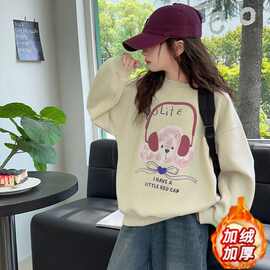 冬季加绒卫衣韩版女孩新款洋气卡通印花上衣儿童休闲宽松保暖衣服
