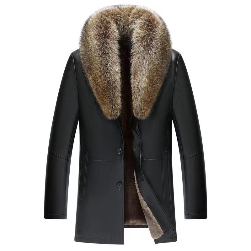 Haining Men's Leather Jacket Leather Mid-length Raccoon Fur Collar Removable Thickened Liner Fashionable Fur Trendy Men's Coat
