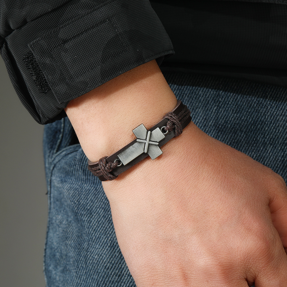 1 Piece Quantity Retro Geometric Pu Leather Alloy Knitting Men's Bangle Men Cord & Leather Bracelets