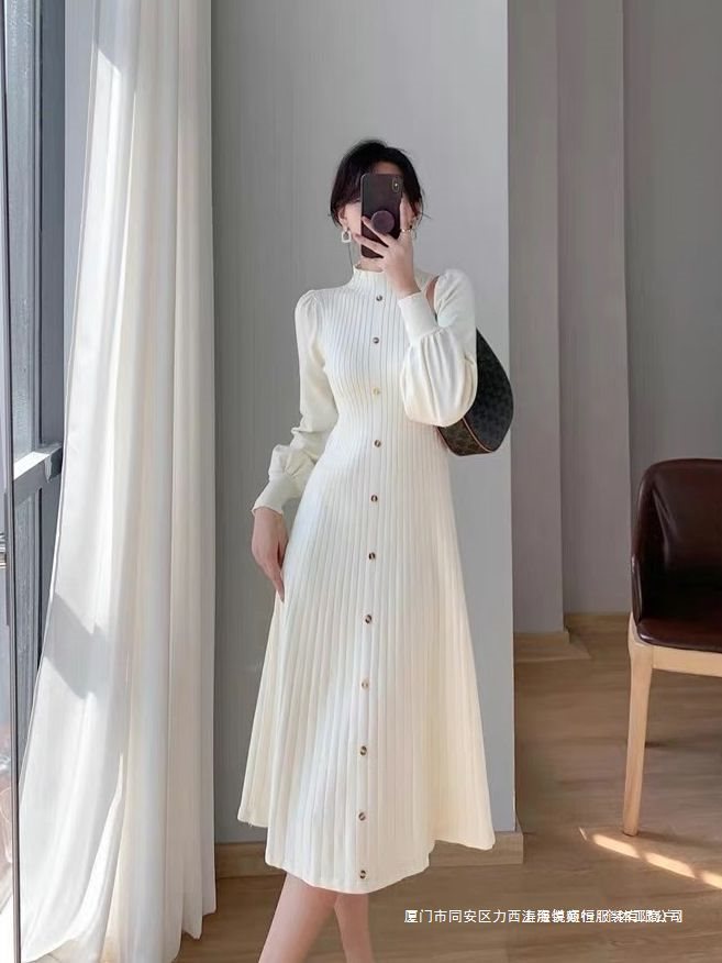 2023秋冬新款韩国气质毛衣裙子半高领内搭中长款针织长袖连衣裙女