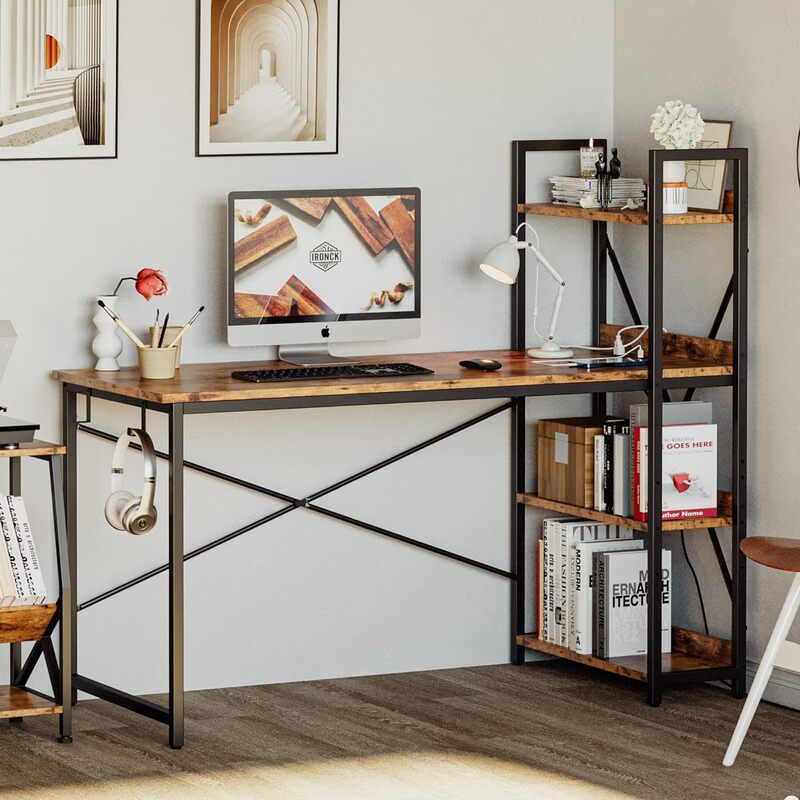 Retro Computer Desk with Power Outlet and Storage Shelf with USB Port Study Writing Desk Charging Work Table