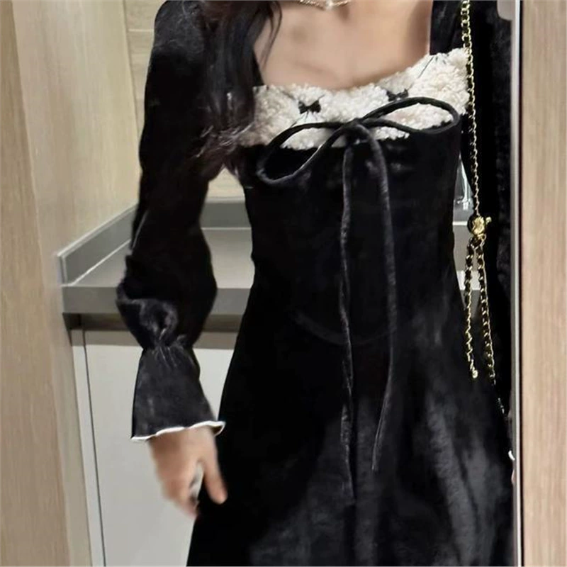 Плюс размер, толстое мм, французское платье в стиле Хепберн, платье на шнуровке с бантом, осенне-зимняя длинная юбка для похудения талии 100kg