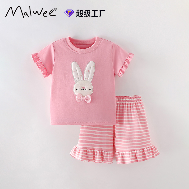 Malwee transfronterizo niñas pantalones cortos de mangas cortas de estilo europeo y americano de 3 a 8 años de edad para niños de color rosa de dos piezas