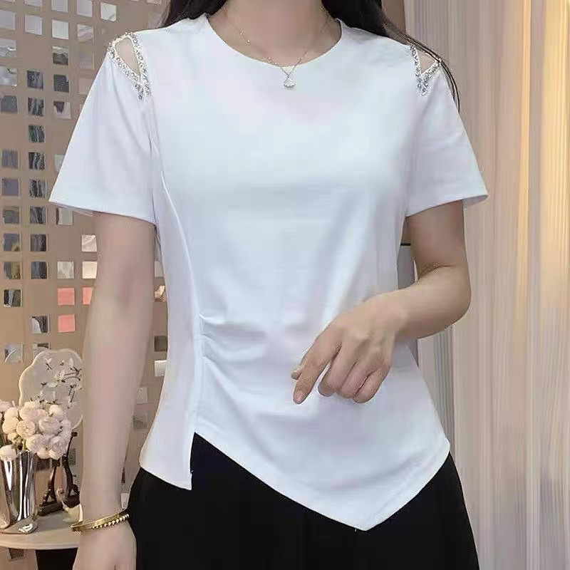 純綿大きいサイズヨーロッパビーズオフショルダー半袖 Tシャツ女性のための 2025 夏の新しいルーズ痩身ファッショナブルなトップス女性のための|undefined