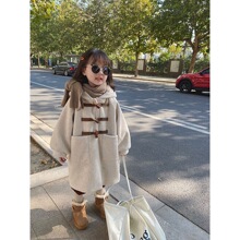 韩版童装2025冬装女童中长款连帽呢子大衣儿童洋气牛角扣毛呢外套