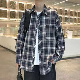 外贸格子衬衫男女港风宽松长袖衬衣休闲一件代发免烫春秋季翻领