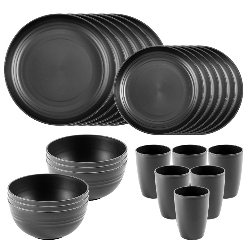 Temu Cross-Border Hot Selling Black Wheat Straw Tableware Set 16-Piece Plastic Dishes and Plates Can Be Labeled on Behalf of