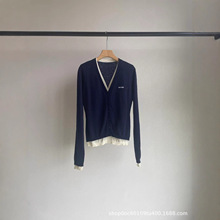 设计师品牌博主同款25秋季拼接假两件长袖V领全羊毛百搭针织开衫