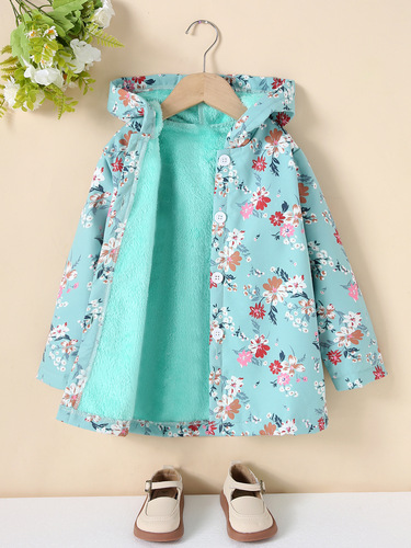 Girls 'coat in winter, new floral hooded European and American style coat for girls, medium and long loose plush coat, trendy