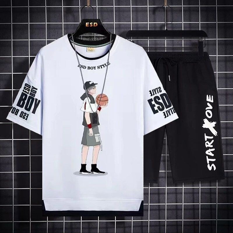 Summer Casual Suit for Men, Hong Kong Style Fake Two-Piece Short-Sleeved Shirt, Student Sports Basketball Shorts, Loose Two-Piece Set Summer Casual Suit for Men, Hong Kong Style Fake Two-Piece Short-Sleeved Shirt, Student Sports Basketball Shorts, Loose Two-Piece Set