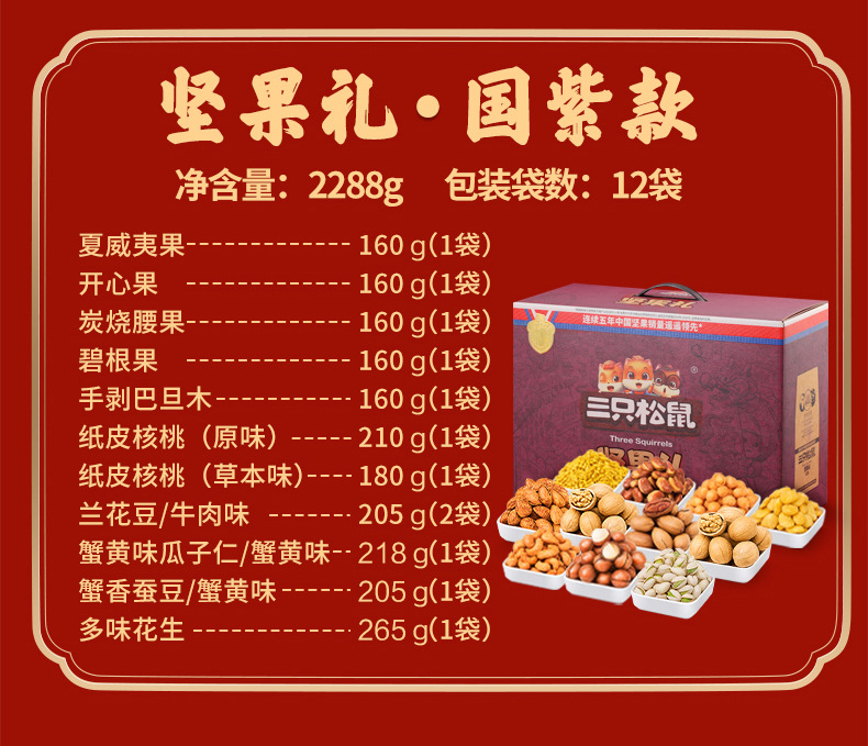 In normal shipping: "Three Squirrels New Year Nuts Gift Box 2288g/12 Bags" snack gift set, full box for eating
