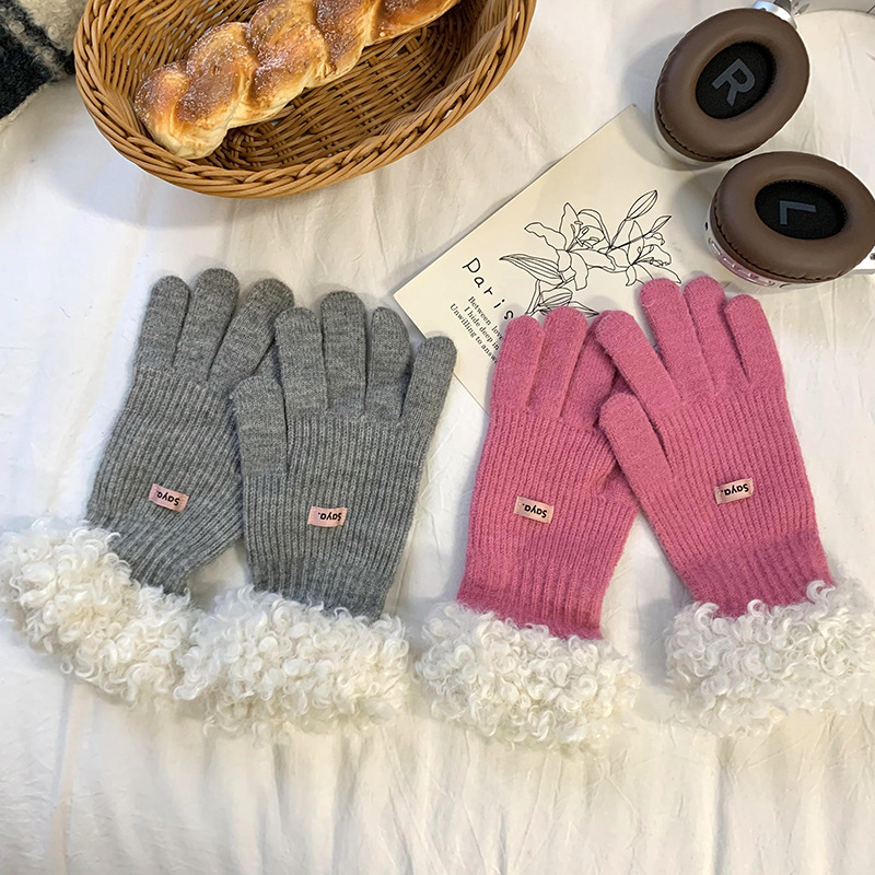 Nuevos guantes de borde de peluche coreanos para mujeres otoño invierno versátil grueso guantes de dedo de pantalla táctil de lana cálida