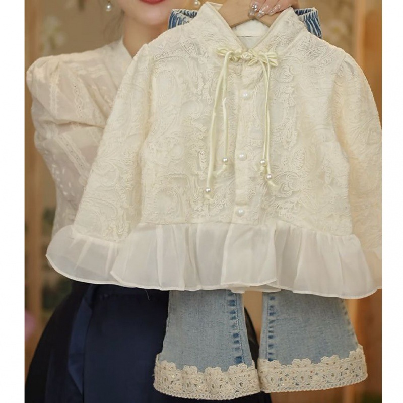 韩版套装女童新款2024夏季洋气时尚休闲衬衫儿童花边牛仔裤两件套