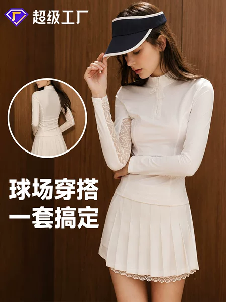 Best-selling Korean-style tennis outfit for women, two-piece set with stand-up collar, zipper, lace long sleeves, anti-exposure pleated skirt for fitness and golf