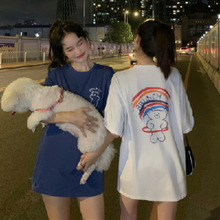 夏季韩版2025新款宽松中长款闺蜜装彩虹小熊短袖T恤上衣女ins学生