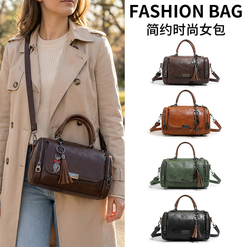 Retro Tassel Cylinder Bag Handbag Crossbody Bag Large Capacity Boston Pillow Bag Commuter Casual Women's Bag Versatile Style