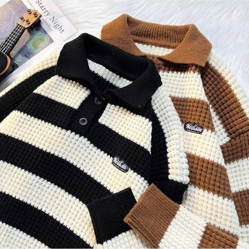 Striped Sweater Men's Japanese Lapel Polo Shirt Autumn and Winter Men's Knitted Base Shirt Trendy Contrast Color Sweater
