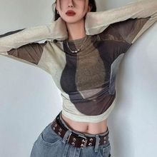 早秋季短款长袖防晒打底t恤衫撞色晕染名媛圆领修身网纱女装上衣