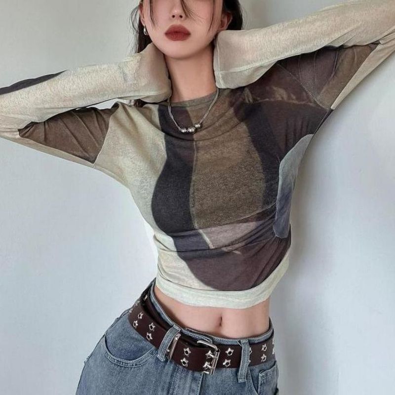 초가을 짧은 긴팔 자외선 차단 바닥 티셔츠 대비 색상 얼룩진 연예인 라운드 넥 슬림 메쉬 여성 탑