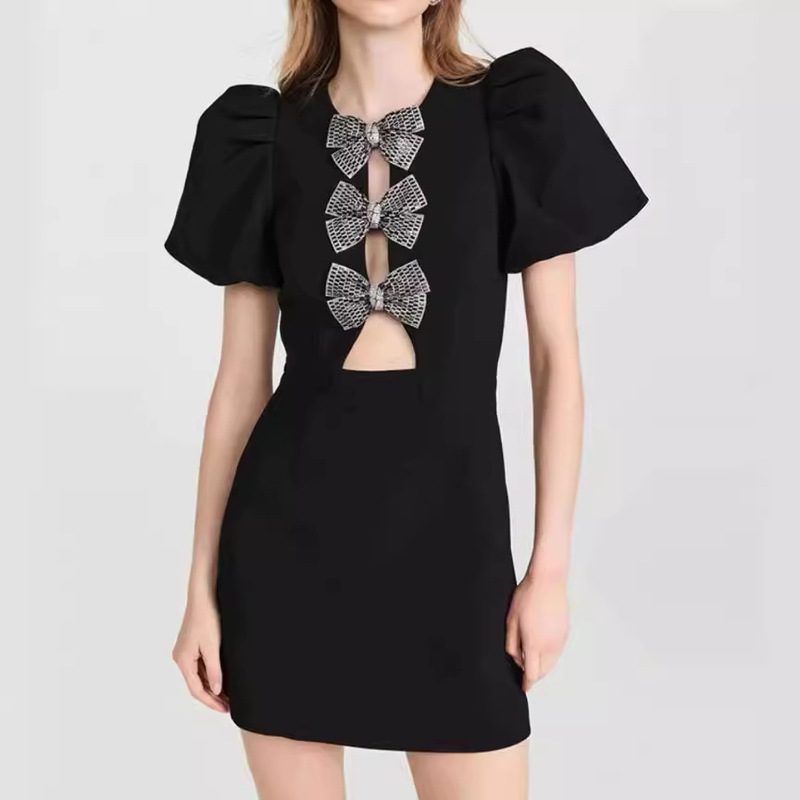 High-end Star's Same Style Beautiful Evening Dress Lace Short Skirt Spring and Summer Black Bow Dress Cut Out Sexy