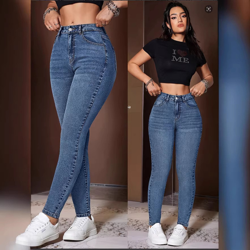 2025 New Cross-Border European and American Temu Retro Washed Pure Color Slim Elastic Versatile Casual Fashion Denim Women's Pants
