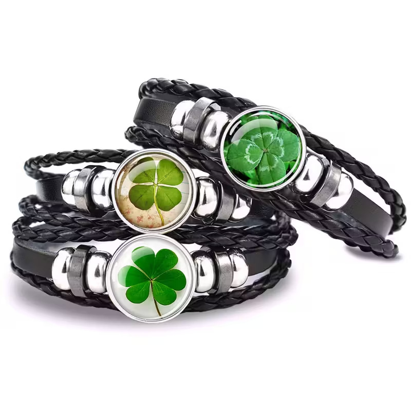Four-Leaf Clover Bracelet Glass Dome Multi-Layer Braided Charm Men Women Adjustable Jewelry Gift