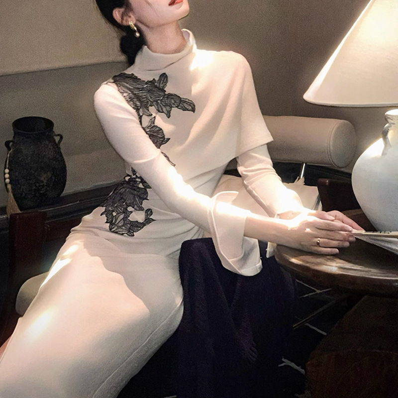 复古国风秋枫叙新中式针织连衣裙女早秋法式斗篷披肩长袖旗袍长裙|undefined