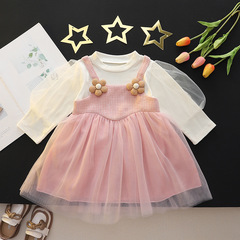 2023款女寶寶洋氣網紗拼接連衣裙女童秋裝新款小女孩假兩件公主裙