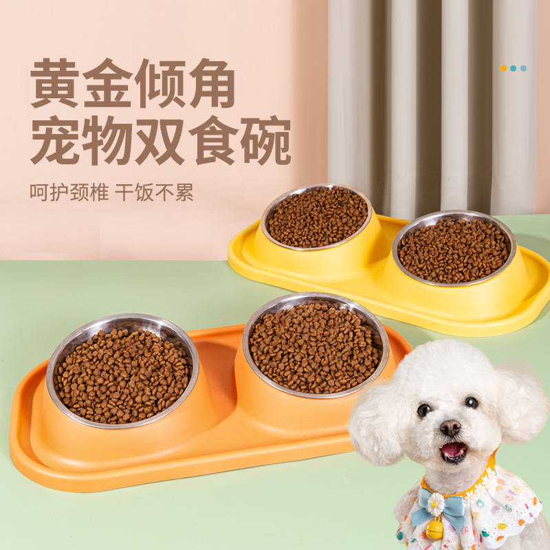 貓碗不鏽鋼寵物碗斜口狗碗護頸狗糧碗防打翻喝水餵食雙碗寵物用品