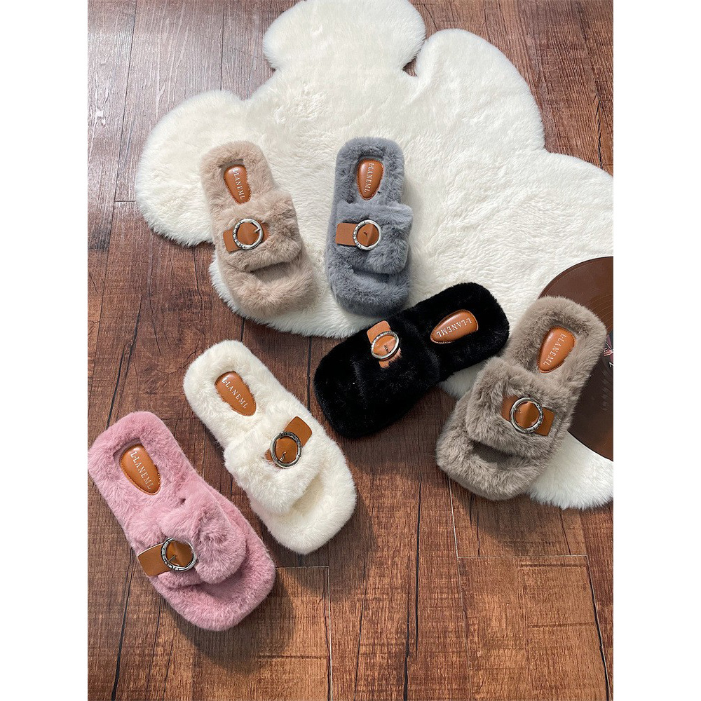 Fashionable Thick-soled Height-enhancing Fur Slippers For Women Early Autumn Styley Outdoor Wear Versatile Comfortable One-line Cotton Slippers