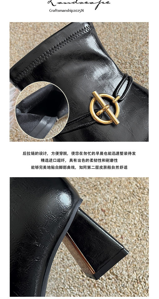 Bốt nữ cổ thấp gót dày mũi vuông trang trí kim loại kiểu Pháp, gót 6–8 cm — Màu nâu (lớp lót nhung), Màu đen (lớp lót nhung) chi tiết 12