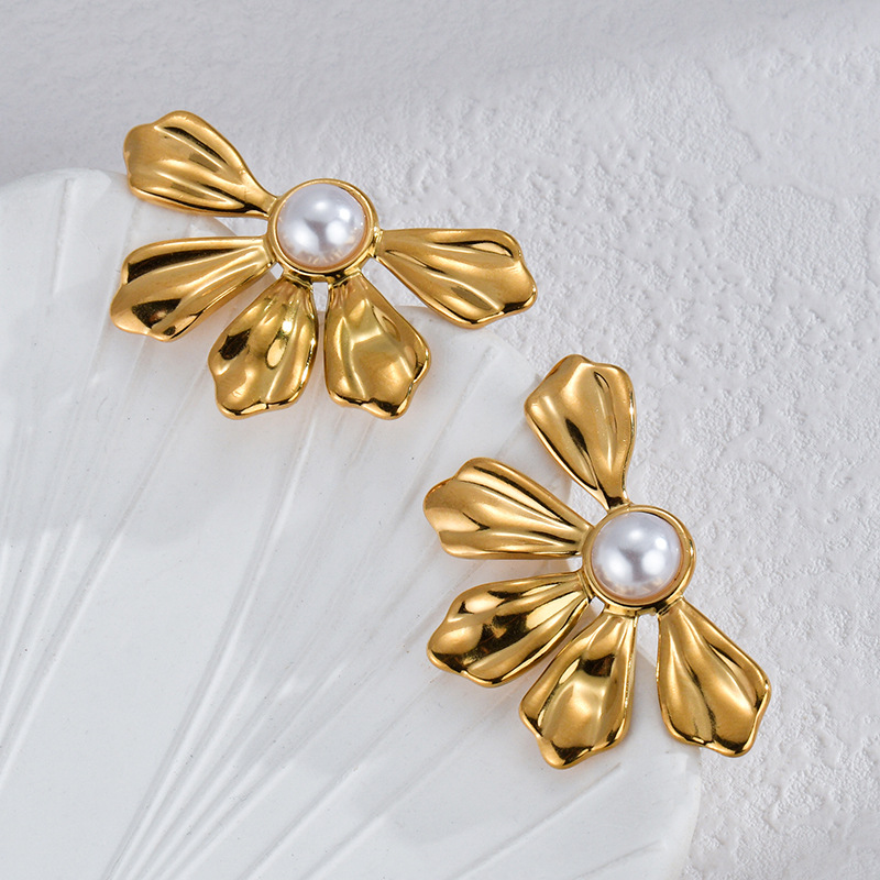 Flower, Bow Knot Pattern Wholesale Jewelry IG Style Flower Bow Knot 304 Stainless Steel Pearl Inlay Rings Earrings