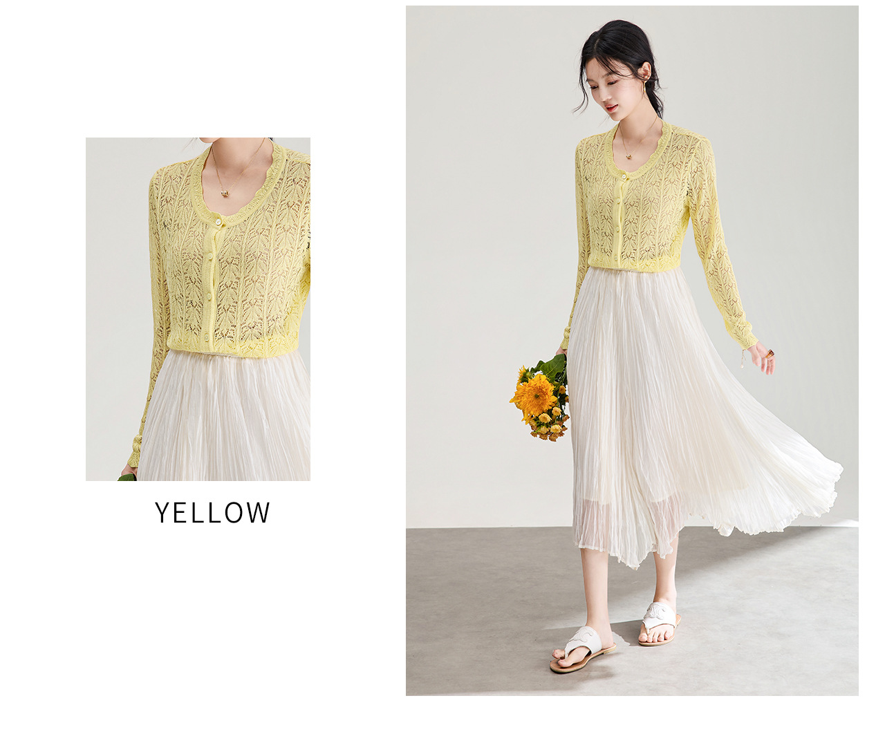 Áo cardigan cổ tròn họa tiết hoa móc nổi thiết kế mỏng nhẹ — màu trắng chi tiết 14