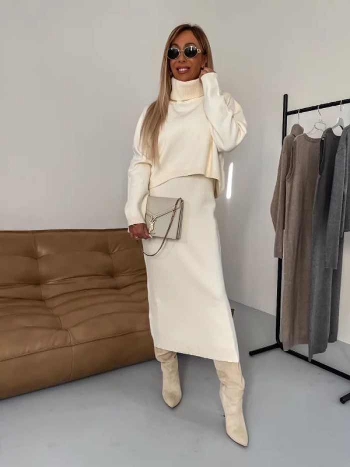 Dam set stickad tröja och kjol elegant för höst och vinter_voghion.com