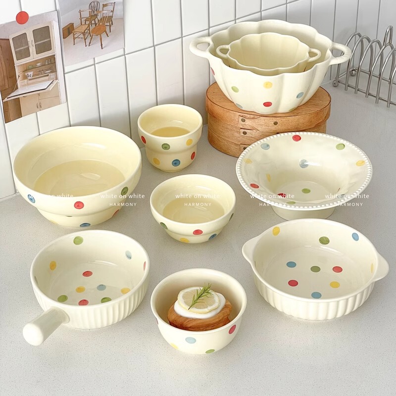 Internet Celebrous Rice Bowl Cute Cream Style Tableware Ceramic Small Bowl Household Fine Handle Bowl Noodle Soup Bowl Oatmeal Yogurt Bowl