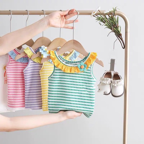 Children's Summer Striped V-Neck Blouse for Girls, Baby Cotton T-shirt with Button Collar, Sleeveless Top, Thin Style